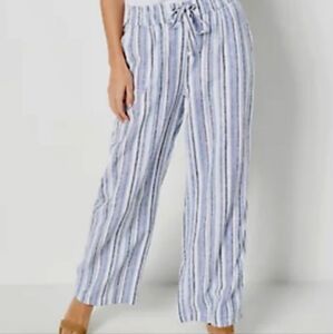 Naturals D&Co Womens Pants Wide Leg Linen Blend Blue Stripe Pull On Pants SZ 1x